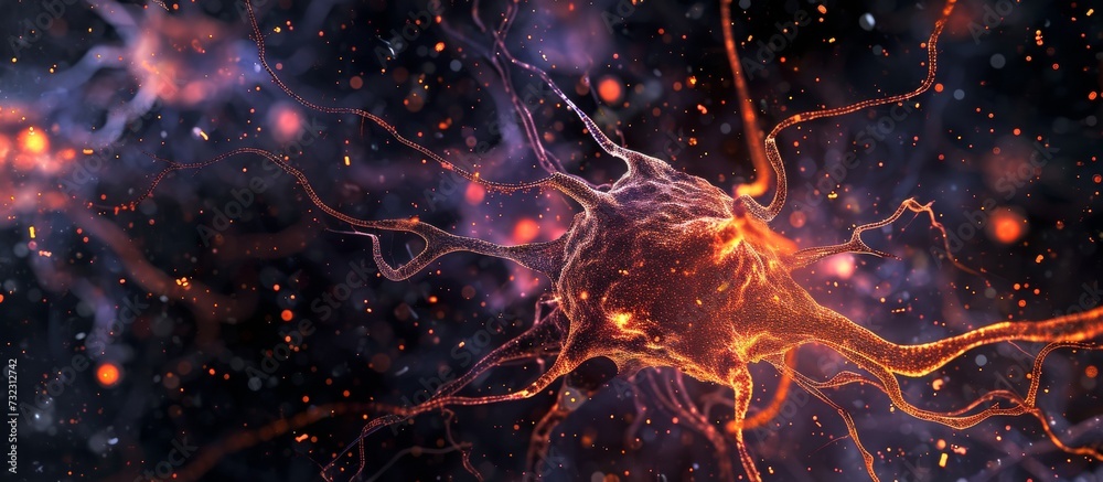 A computer-generated image depicting a nerve cell in the brain, blending elements of heat, fire, water, and darkness, resembles an artistic portrayal of a landscape within the soil of the brain. A computer-generated image depicting a nerve cell in the brain, blending elements of heat, fire, water, and darkness, resembles an artistic portrayal of a landscape within the soil of the brain.