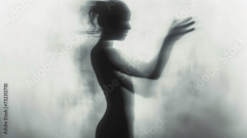 Female blurred silhouette on a grey background. Elegant outline of a woman in motion out of focus © Vladimir
