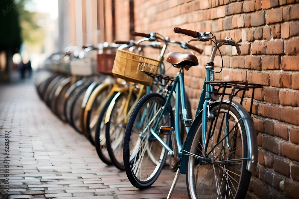 Vintage Bicycles: Rows of charming vintage bicycles lined up against a brick wall, evoking a sense of nostalgia.