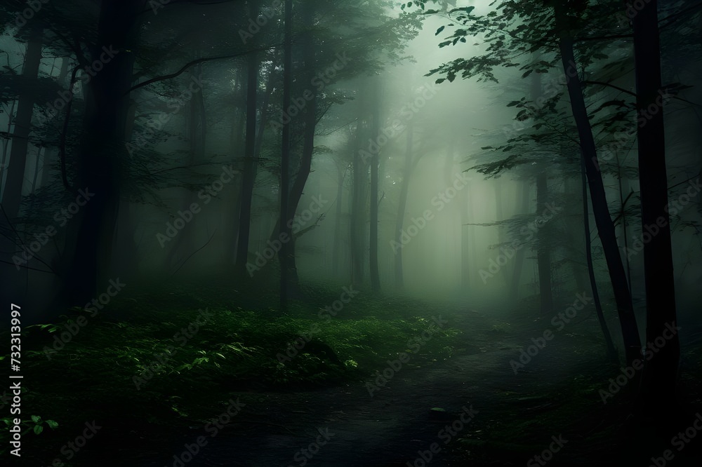 Mystical Forest: A foggy forest scene with trees shrouded in mist, creating an enchanting and mysterious atmosphere.