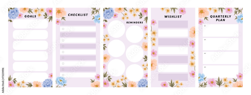 Collection of floral planner template for daily notepad, weekly schedule, agenda, memo, to do list, organizer, checklist, decorated with colorful flower and nature elements - obrazy, fototapety, plakaty 