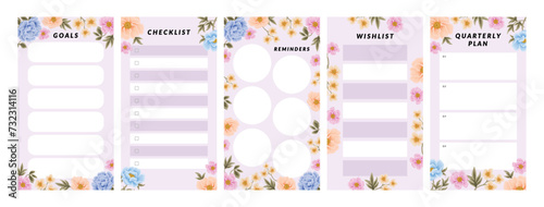 Collection of floral planner template for daily notepad, weekly schedule, agenda, memo, to do list, organizer, checklist, decorated with colorful flower and nature elements