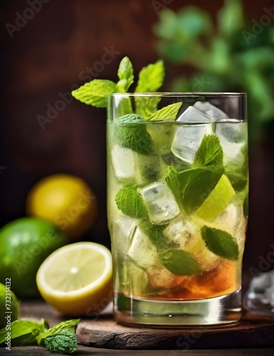 Mojito cocktail with ice cubes. Glass of Summer lemonade or ice tea Generative AI
