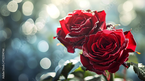 Two red roses with defocused light in the in background   Two red roses sit on a wet track in the sunlight.AI generated