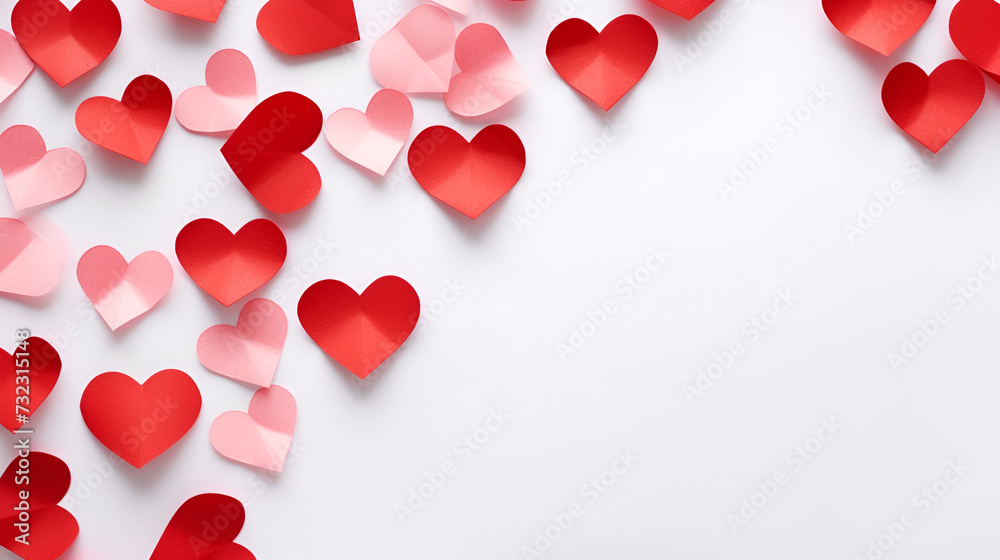 Valentine's Day background, red paper hearts on a white background, white background with red and white hearts, AI generated