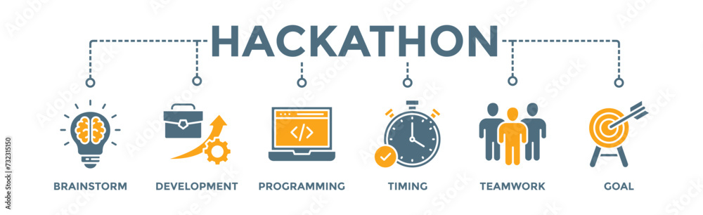 Hackathon banner web icon vector illustration concept for design sprint-like social coding event with icon of brainstorm, development, programming, timing, speed, teamwork, and goal Hackathon banner web icon vector illustration concept for design sprint-like social coding event with icon of brainstorm, development, programming, timing, speed, teamwork, and goal