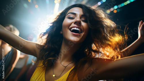 Ecstatic young woman enjoying dance at vibrant club