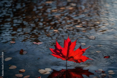 A single bright red leaf at waters edge on a brisk fall morning.