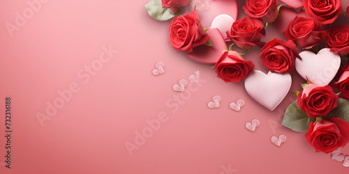 Red rose and Mixed flowers bouquet rose petals heart on a pink background for Valentine's Day  concept background and wallpaper   photo