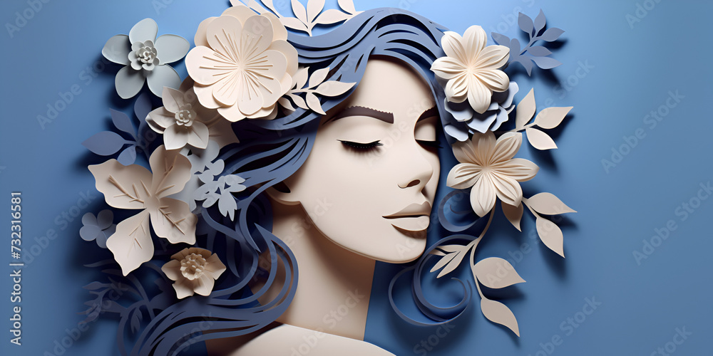  Self care banner with female beautiful woman face and headpiece made of blue and white paper flowers on white background for Happy Woman's Day concept background and wallpaper 
 