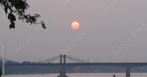Landscape of a large river bridge and beautiful sunset, river landscape photo
