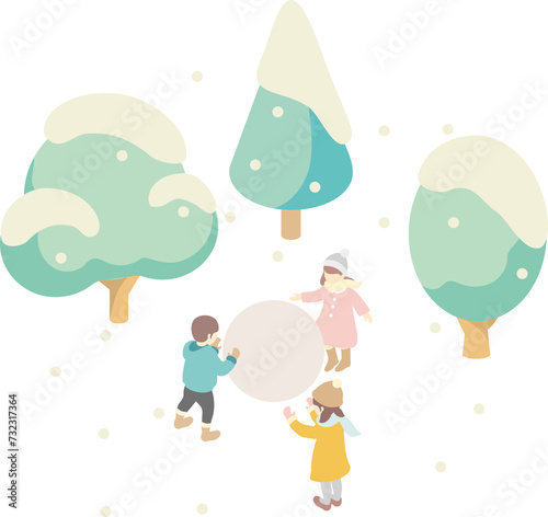 アイソメトリック　人物　冬　雪だるま　雪　家族　キッズ　男性　女性　子ども　イラスト素材