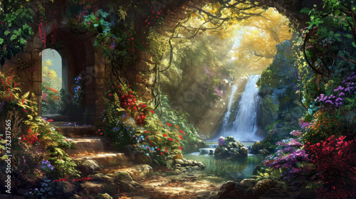 Enchanted forest scene with waterfall and sunlight streaming through trees. Fantasy landscape.