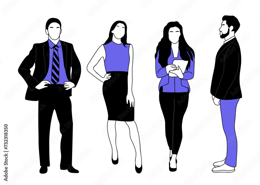 Multinational Business team members standing. Set of different men and women characters. Modern vector simple outline stylized illustrations for graphic, web design on transparent background.