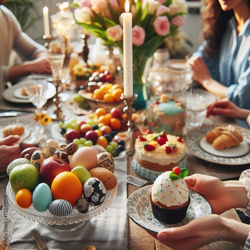Close-up of a family gathering around a beautifully decorated Easter table with fresh fruits and desserts Warm and inviting Perfect for Easter feast-themed designs 