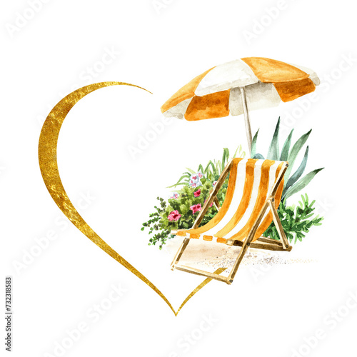 Beach chair and umbrella parasol Tropical Summer vacation concept, Hand drawn watercolor  illustration  isolated on white background