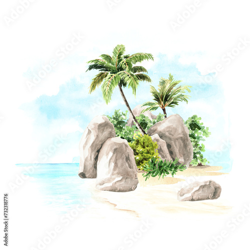 Tropical sea shore, Hand drawn watercolor illustration, isolated on white background