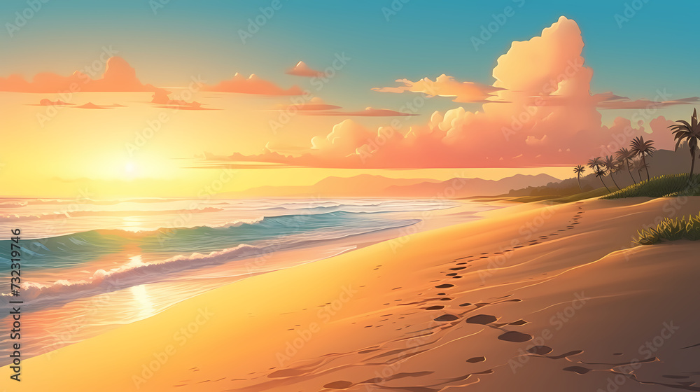 Obraz premium Sandy beach with light blue transparent water waves and sunlight, tranquil aerial beach scene