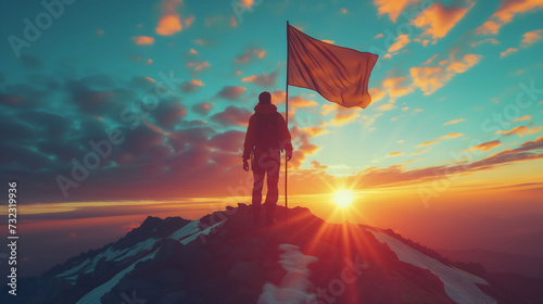 Silhouette Victorious male person standing on mountain  Positive man celebrating  success 