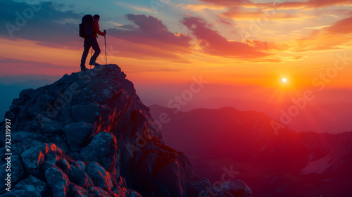 Silhouette Victorious male person standing on mountain, Positive man celebrating, success  © Wisarut Official