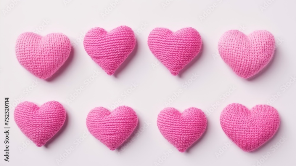 Pink knitted hearts on a white background, top view, with space for text. Valentine's Day, hobbies, knitting, love, health concept.