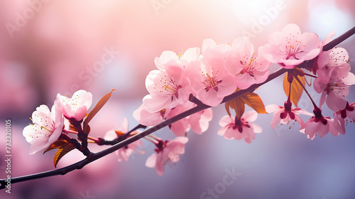 Spring border or background art with pink blossom and sunlight background. Beautiful nature clossed up scene with blooming tree and sunlight photo