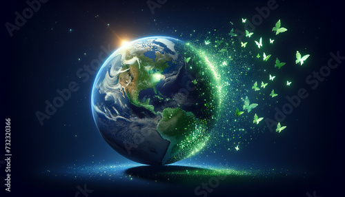 Glowing Earth surrounded by disintegrating green leaves, symbolizing climate change mitigation.