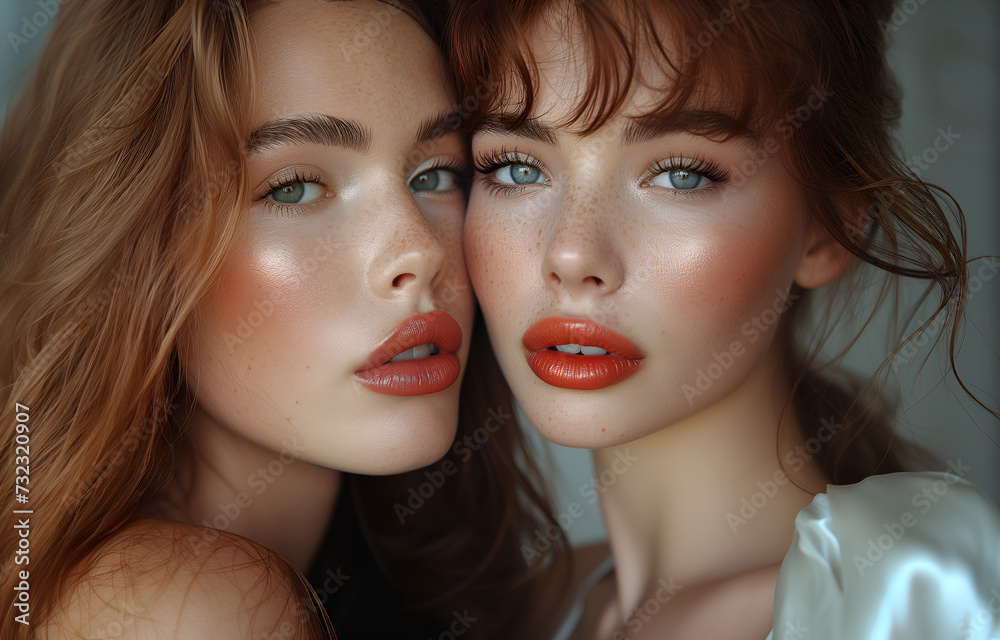 Fashion Concept. Closeup portrait of two girls in natural edgy glow shimmer shiny sheen makeup red lips with beautiful organic dewy skin. illuminated with dynamic composition light, copy text space Fashion Concept. Closeup portrait of two girls in natural edgy glow shimmer shiny sheen makeup red lips with beautiful organic dewy skin. illuminated with dynamic composition light, copy text space