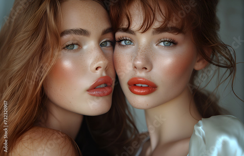 Fashion Concept. Closeup portrait of two girls in natural edgy glow shimmer shiny sheen makeup red lips with beautiful organic dewy skin. illuminated with dynamic composition light, copy text space