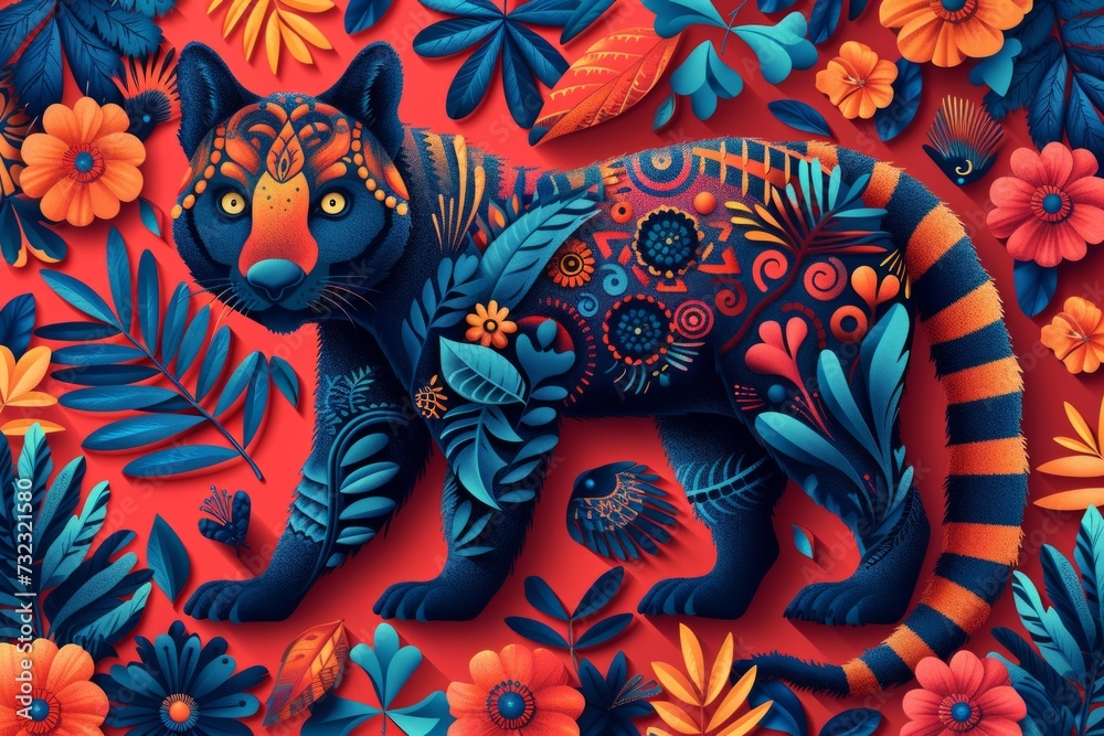 Illustrated cat with ornate patterns and tropical flora on a red background.