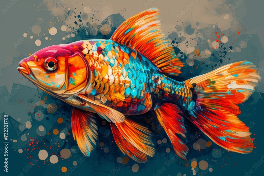 Colorful goldfish illustration with splattered paint background. Colorful goldfish illustration with splattered paint background.