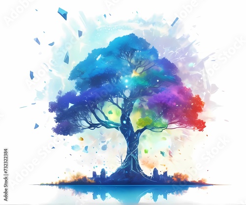 エコロジーを連想するレインボーカラーな木の水彩風イラスト