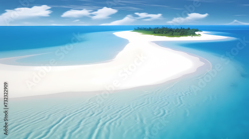 Sandy beach with light blue transparent water waves and sunlight, tranquil aerial beach scene