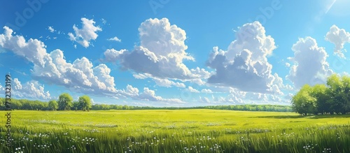 A natural landscape featuring a grassy field accompanied by trees against a backdrop of blue sky with fluffy cumulus clouds. © AkuAku