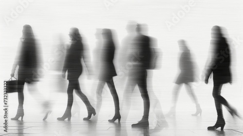 Walking people blurred silhouettes on a white background. Motion outlines of a persons out of focus