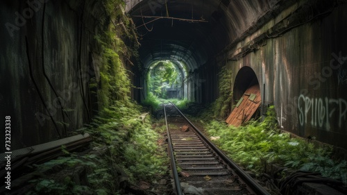 AI generated illustration of a train tunnel covered in greenery and moss in a forest