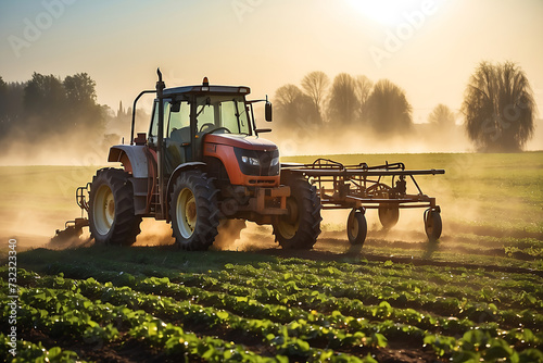 A tractor plowing a field on a sunny day