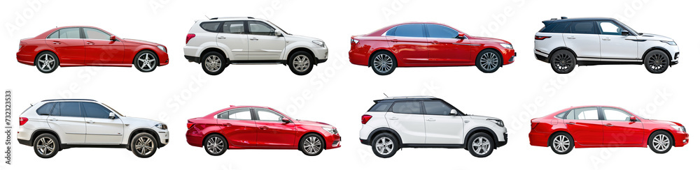 Sedan and SUV car, side view, cut out - stock png.