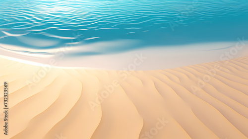 Sandy beach with light blue transparent water waves and sunlight  tranquil aerial beach scene