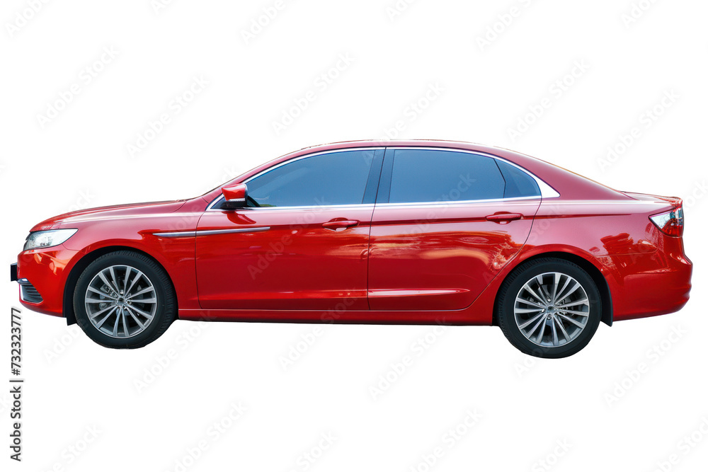 Red sedan car, side view, cut out - stock png.