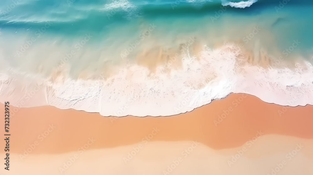 Fototapeta premium Sandy beach with light blue transparent water waves and sunlight, tranquil aerial beach scene