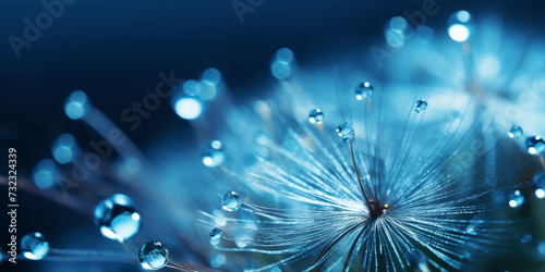 Stunning dark silhouette of dandelion on clear background stylish natural, Beautiful dew drops on a dandelion seed macro beautiful soft light blue and violet background.