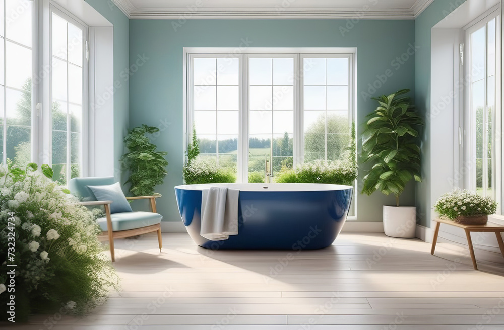 elegant modern stylish bathroom with bath tub, big windows with natural view elegant modern stylish bathroom with bath tub, big windows with natural view
