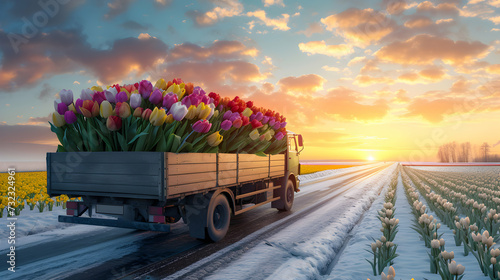 Truck car with colorful tulip flowers on the road in a winter countryside with sunset. Concept of spring coming and winter leaving.