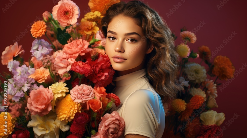 A young attractive woman with a beautiful bouquet of flowers on a bright background. The concept of a holiday, a gift for Valentine's Day and Women's Day. A young attractive woman with a beautiful bouquet of flowers on a bright background. The concept of a holiday, a gift for Valentine's Day and Women's Day.