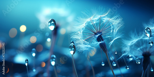 Macro image of a dandelion seed with a water drop on it set against a vivid blue, Dandelion seeds in the drops of dew, Dandelion seeds, Dandelion with water drops on the blue background. 