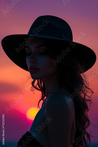 Silhouette of a stylish woman against the backdrop of a colorful sunset, picture of a well-groomed, beautiful, stylish woman