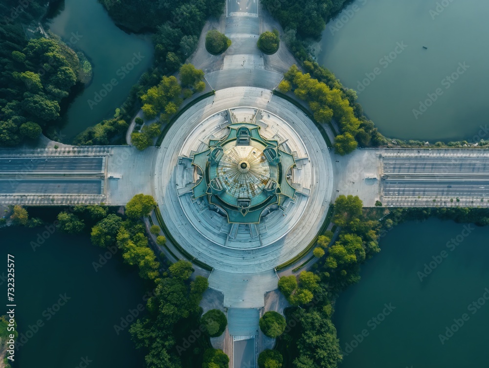 Aerial view of an iconic landmark monument from above