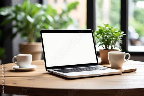 Mockup laptop with blank screen and coffee cup on wooden table, with blurred background of potted plant