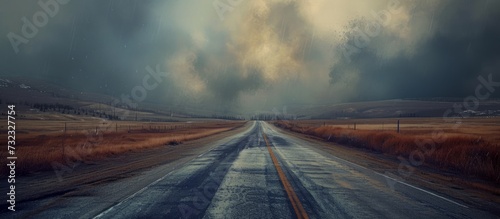 The road stretches endlessly under a cloudy sky, blending with the asphalt and merging into the natural landscape on the horizon.